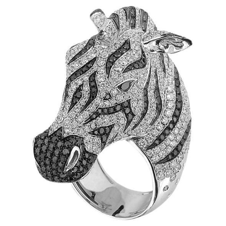 White and Black Diamond Zebra Cocktail Ring in 18kt White Gold, Italian  Design For Sale at 1stDibs