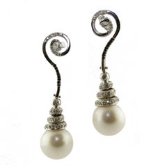 White and Black Diamonds Australian Pearls White Gold Earrings