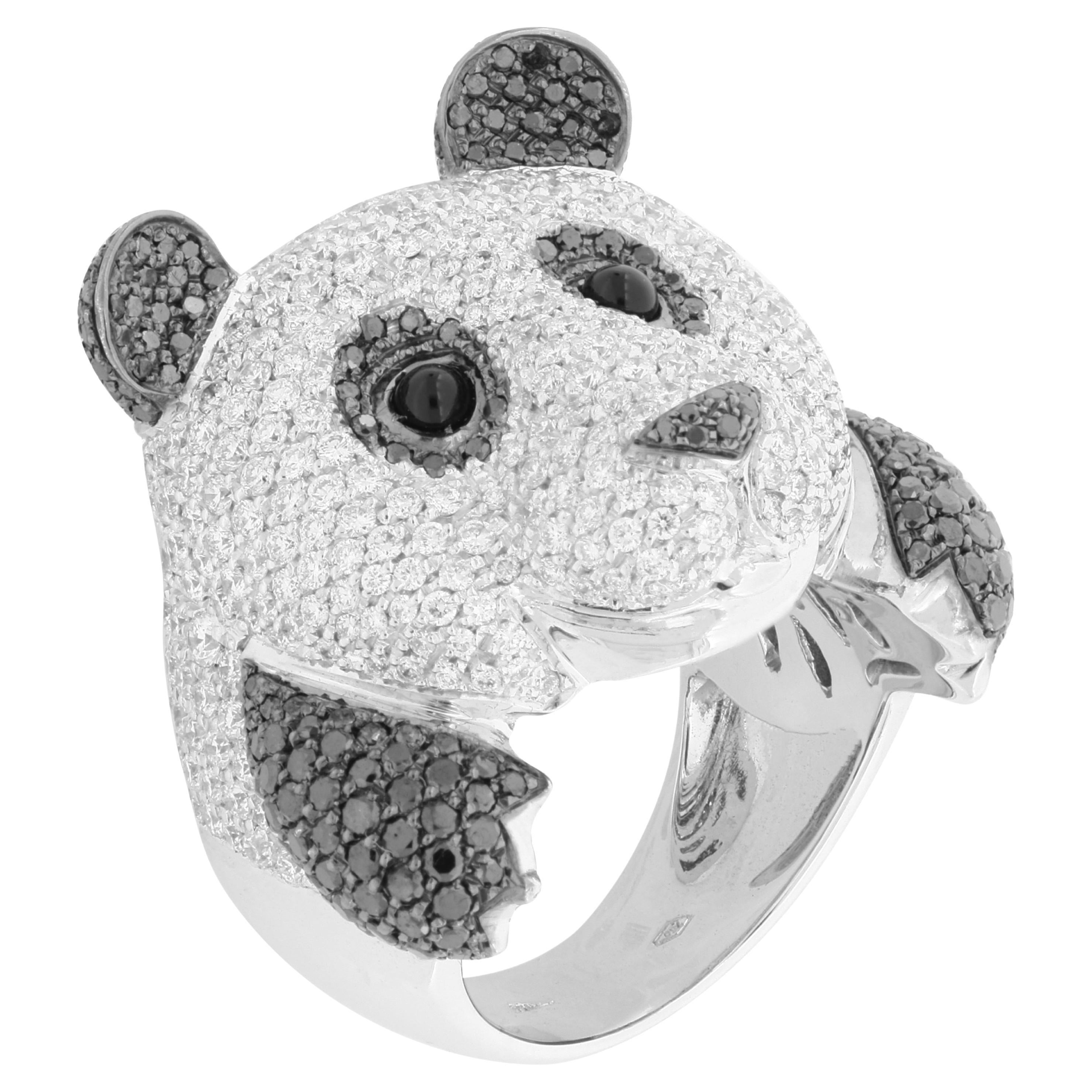 White and Black Diamonds Pav�è Cocktail and Fashion Gala night Panda Bear Ring For Sale