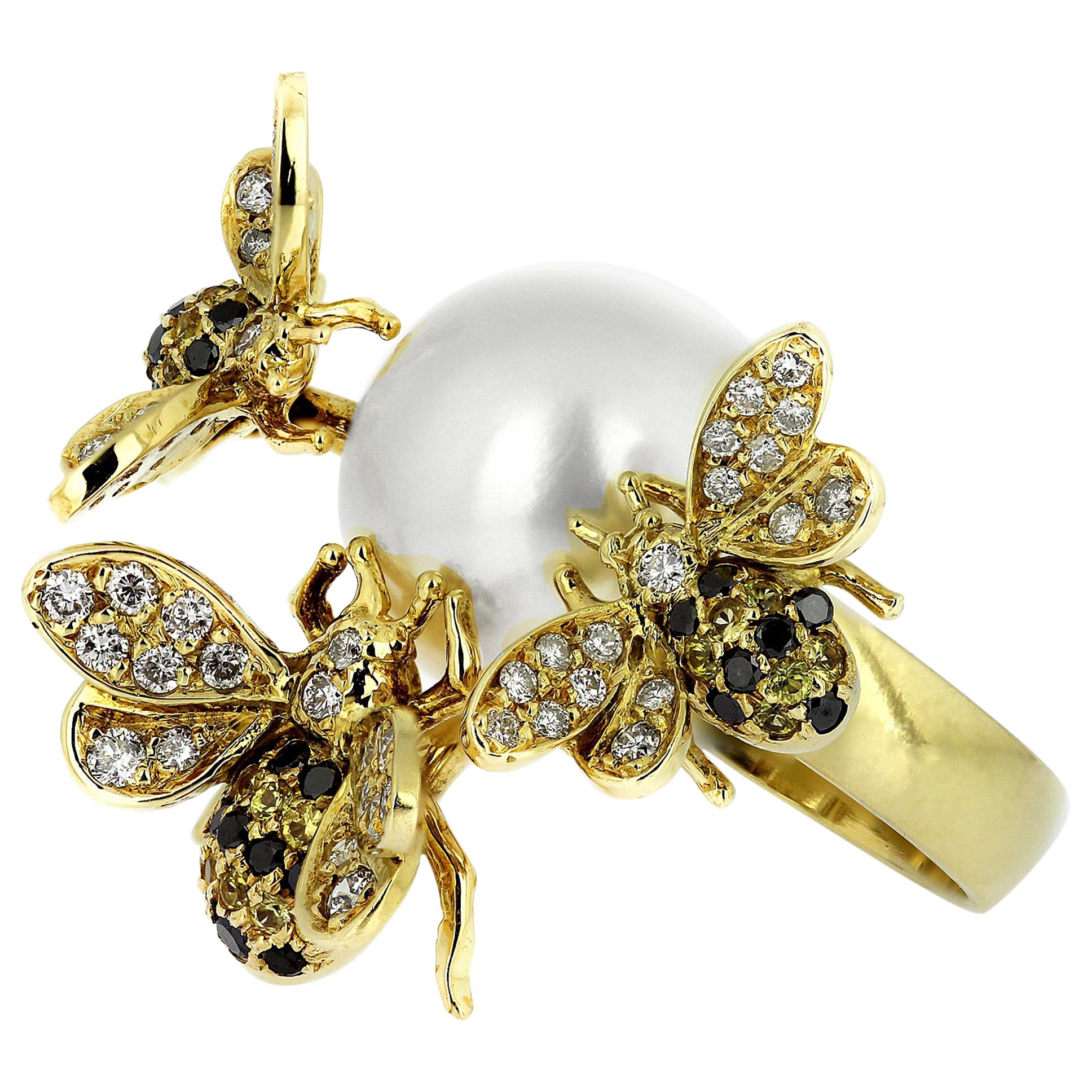 White & Black Diamonds, Yellow Sapphires & Pearl Bees Cocktail Ring in 18 K For Sale