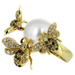 White & Black Diamonds, Yellow Sapphires & Pearls Bees Cocktails Ring in 18 K
