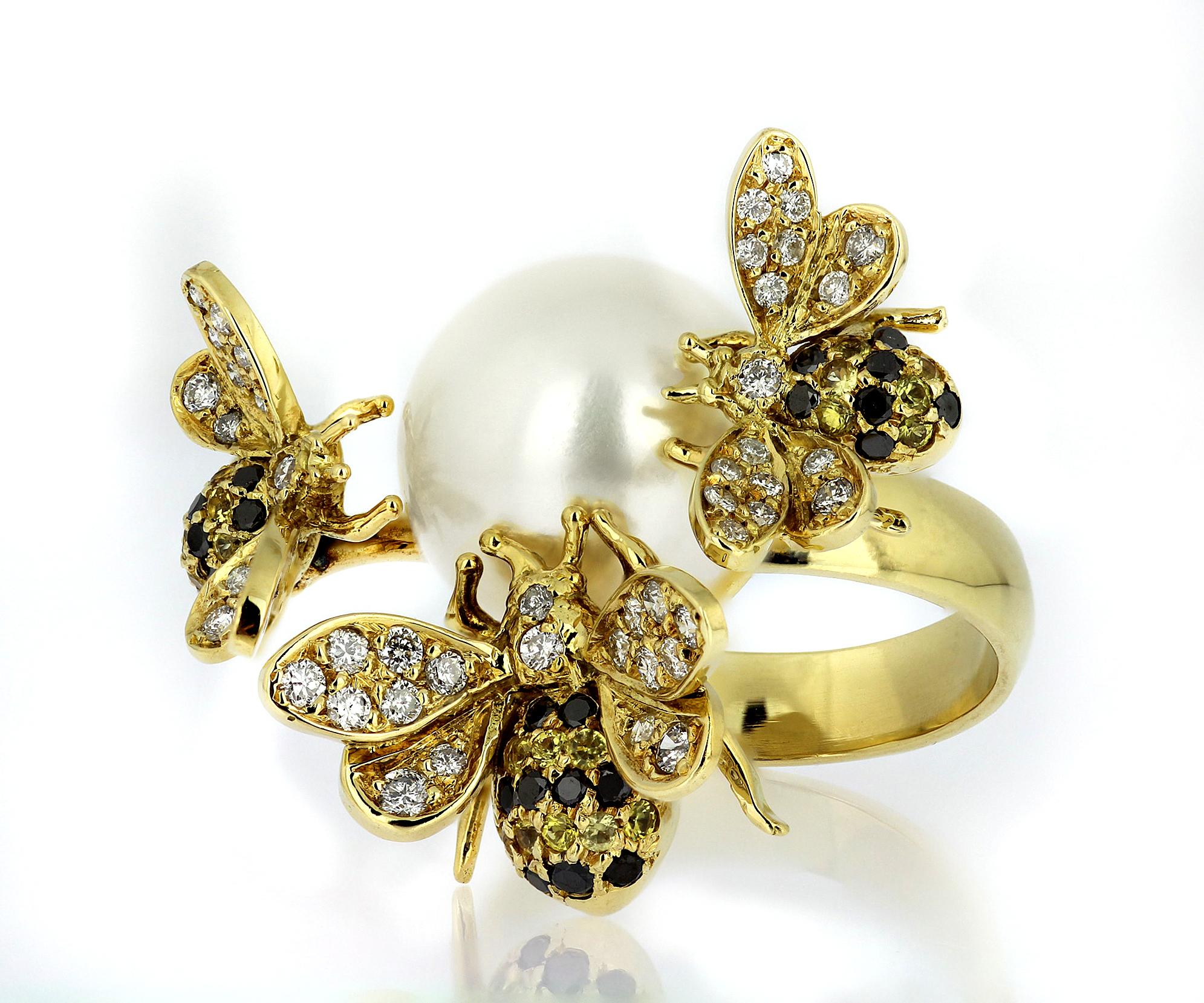 Women's White & Black Diamonds, Yellow Sapphires & Pearl Bees Cocktail Ring in 18 K For Sale
