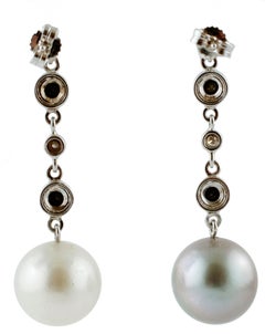 White and Black Diamonds, White and Grey South-Sea Pearls 18 Karat Gold Earrings