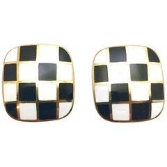 White and Black Enamel and Yellow Gold Checkerboard Clip Earrings