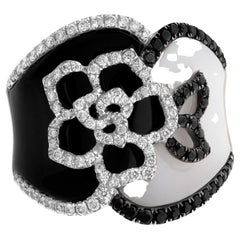 White and Black Enamel with Pave Diamond Accents in 18k White Gold, Under 1 Ct