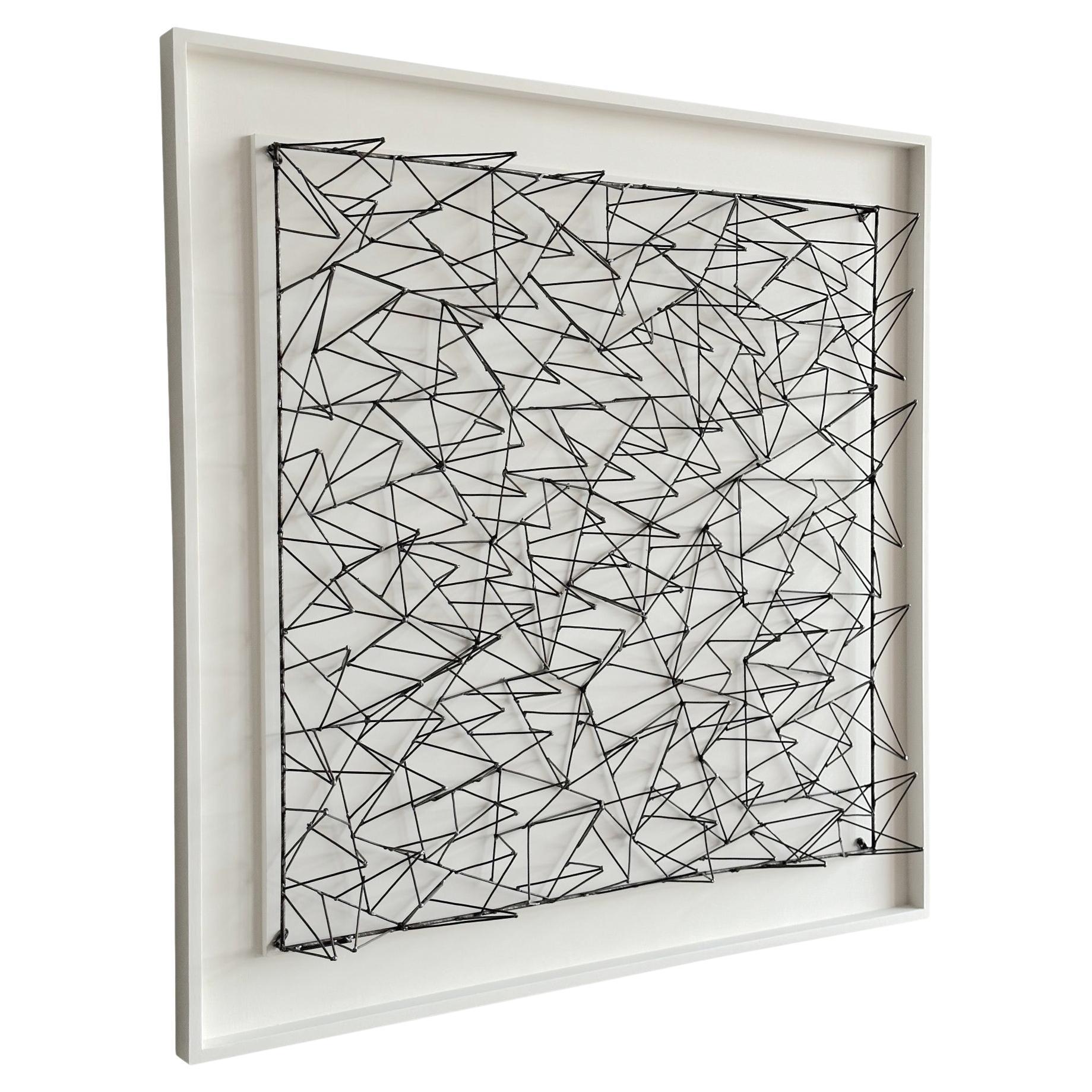 Contemporary Spanish wall sculpture made of pieced thin iron rods joined and
welded together to form unique three dimensional forms.
Framed in white wood shadow box which provides decorative shading of the sculpture.
