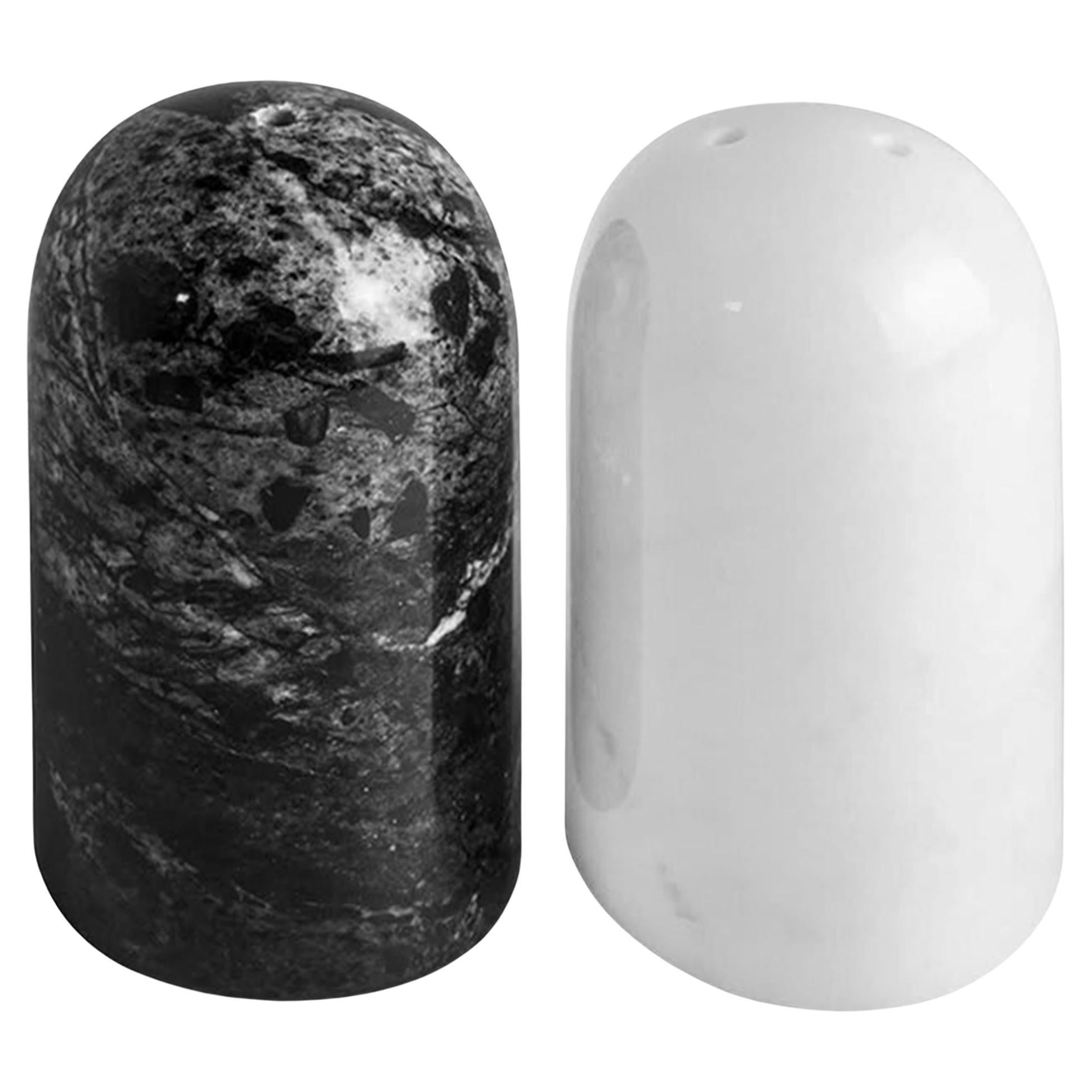 White and Black Marble Salt and Pepper  For Sale