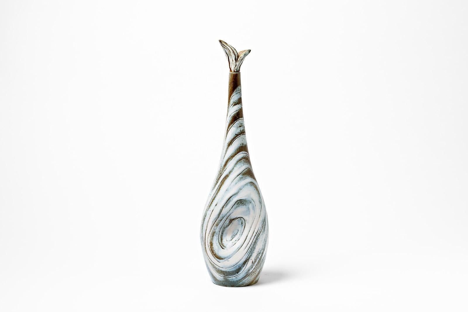 White and Blue Ceramic Bottle or Vase French Decorative Art, circa 1950 3