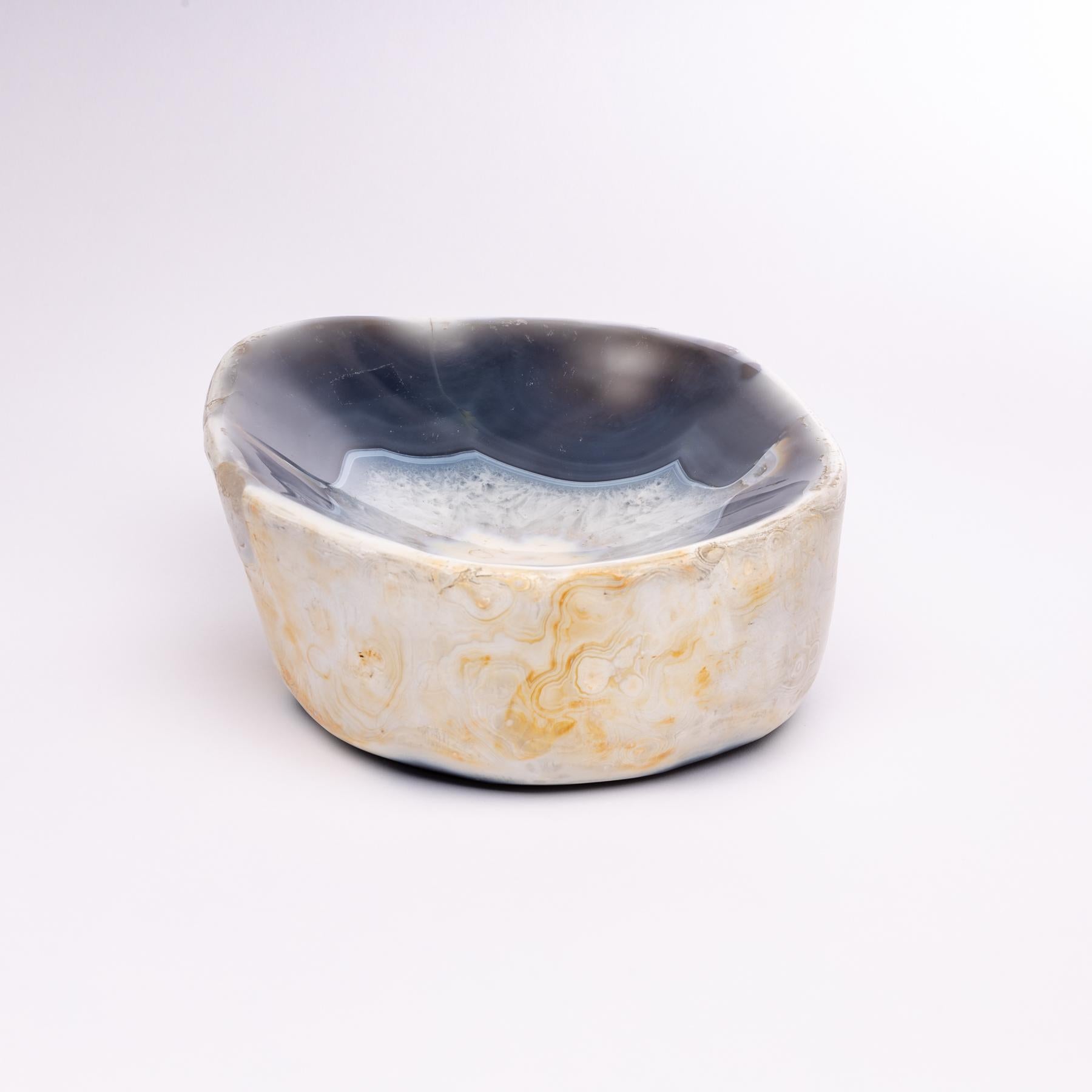 Organic Modern White and Blue Agate Geode Bowl from Madagascar