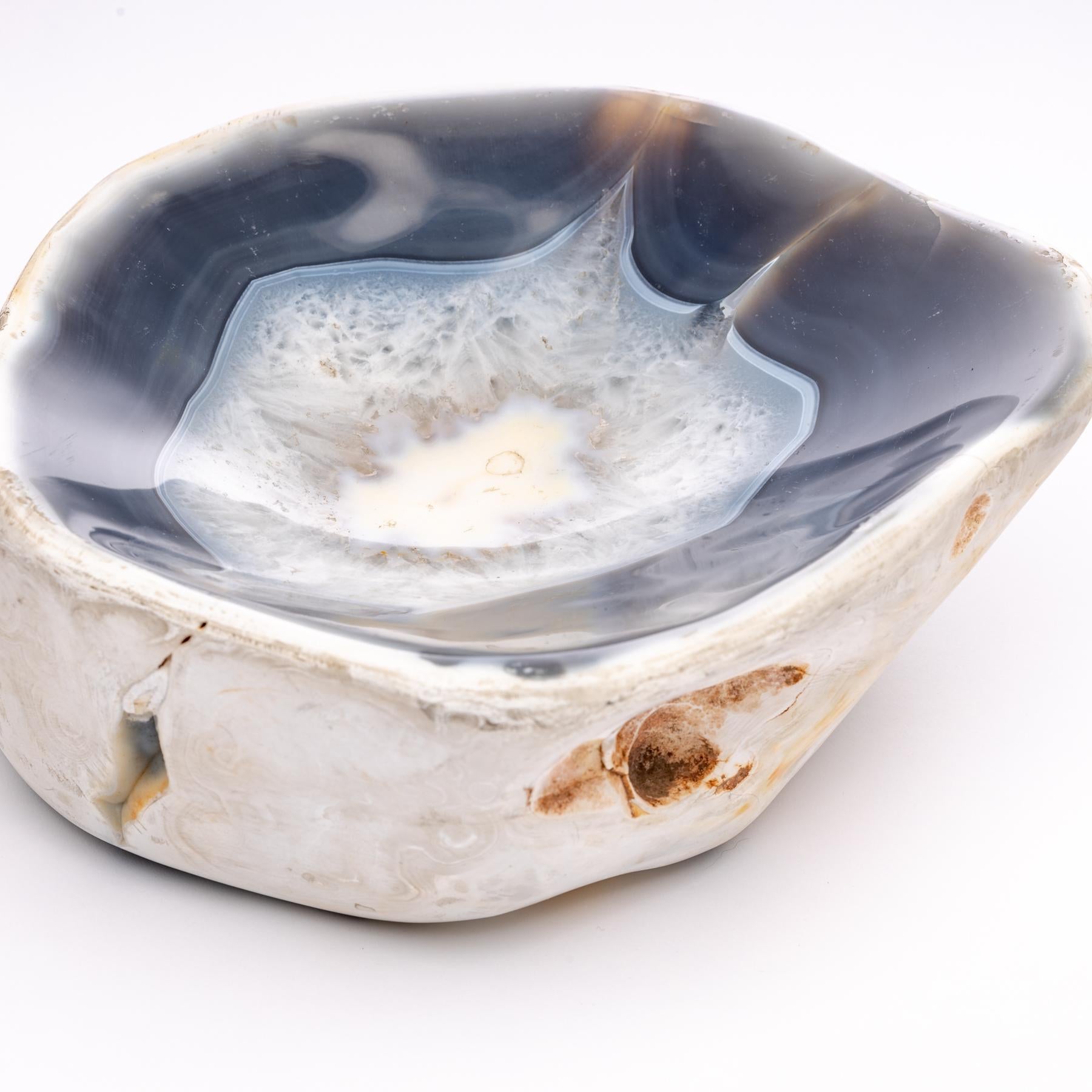 Mexican White and Blue Agate Geode Bowl from Madagascar
