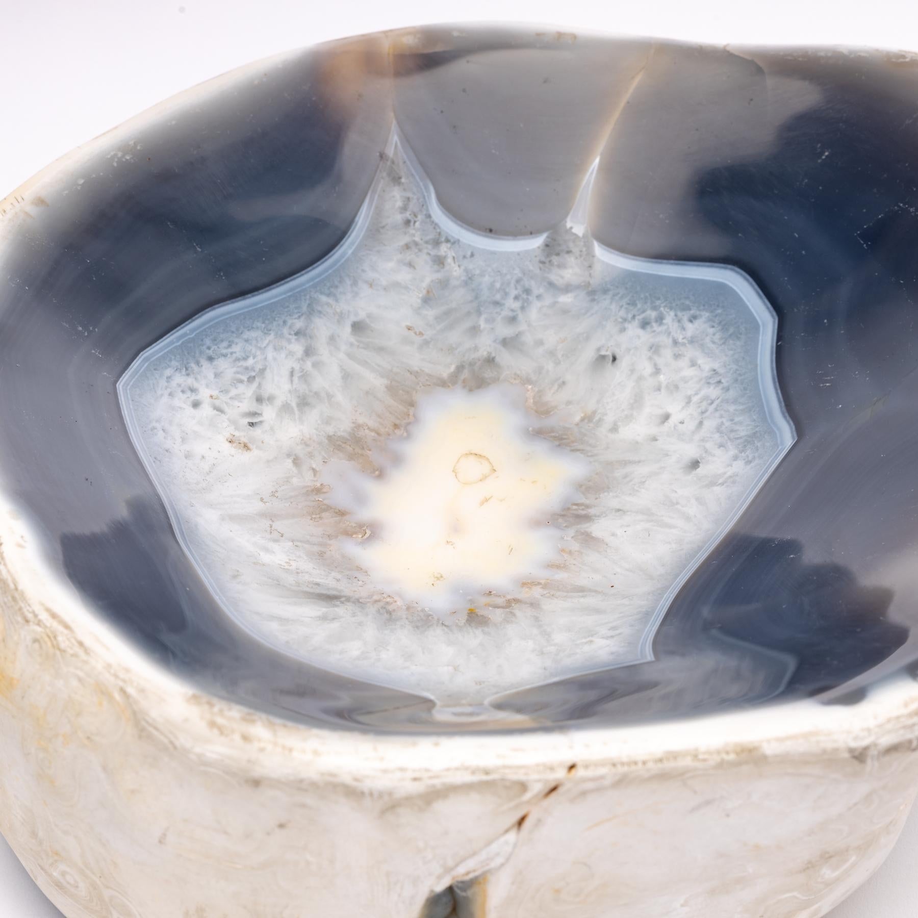 Contemporary White and Blue Agate Geode Bowl from Madagascar