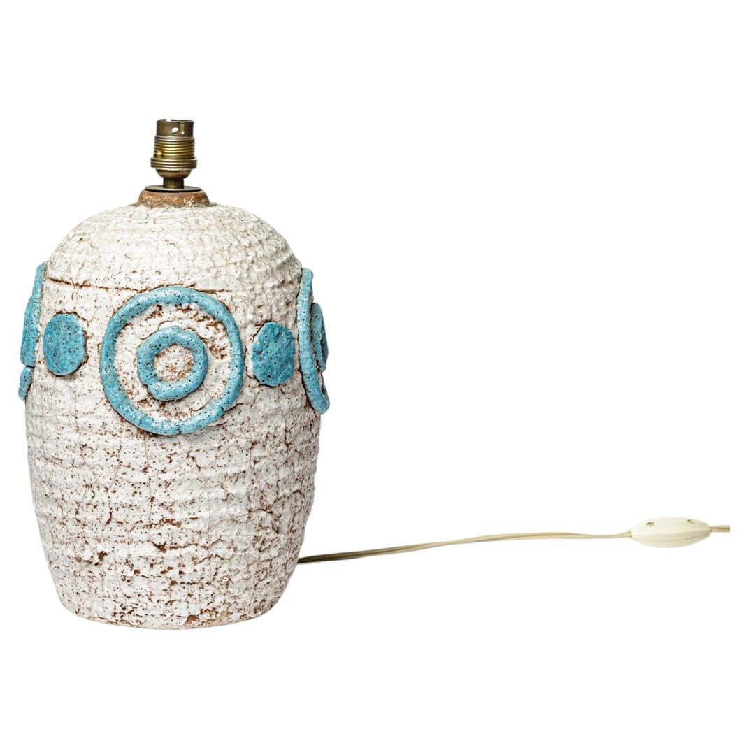 weiß-blaue Art-déco-Keramik-Tischlampe um 1940 im Stil von Jean Besnard