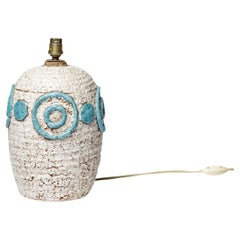 weiß-blaue Art-déco-Keramik-Tischlampe um 1940 im Stil von Jean Besnard