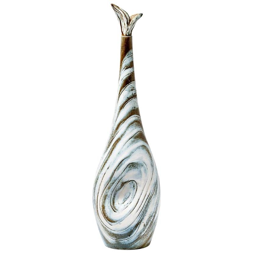 White and Blue Ceramic Bottle or Vase French Decorative Art, circa 1950 For Sale