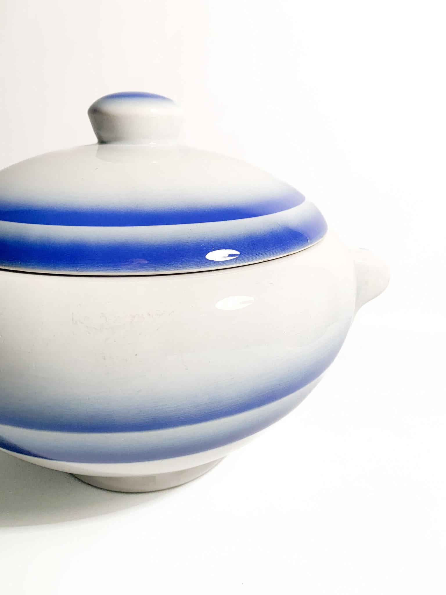 Art Deco White and Blue Ceramic Centerpiece Tureen by Galvani Pordenone from the 1950s For Sale