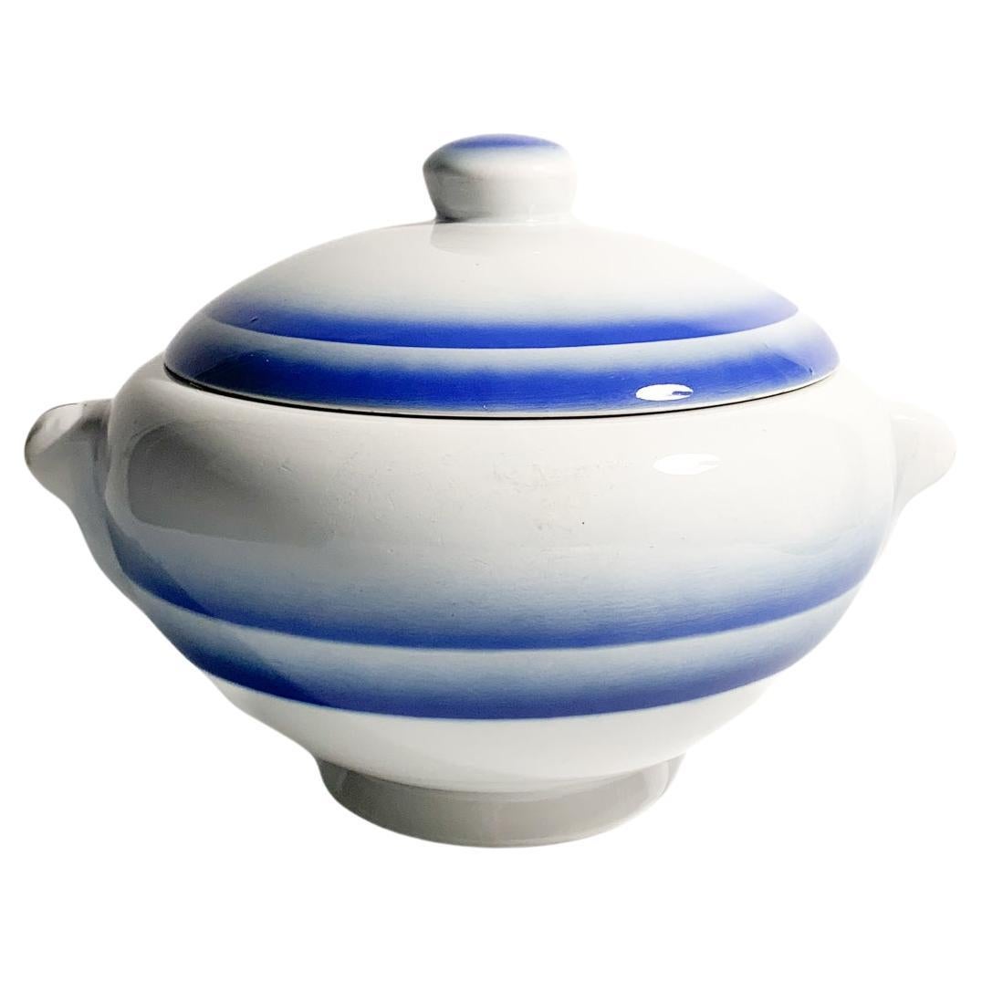 White and Blue Ceramic Centerpiece Tureen by Galvani Pordenone from the 1950s For Sale