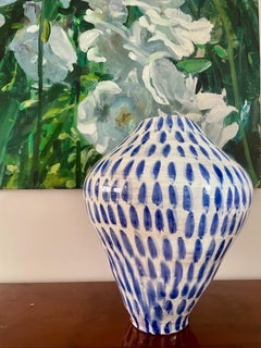 White and  blue coiled majolica vase hand-painted Italy contemporary