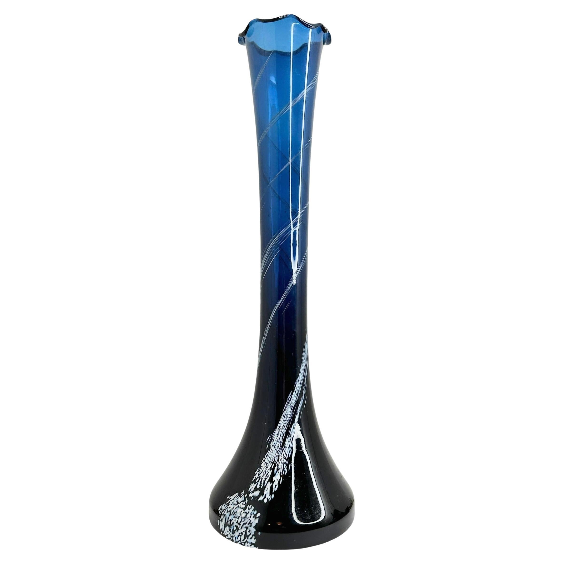 White and Blue Color Swirl Glass Murano Venetian Vase, Italy, 1970s