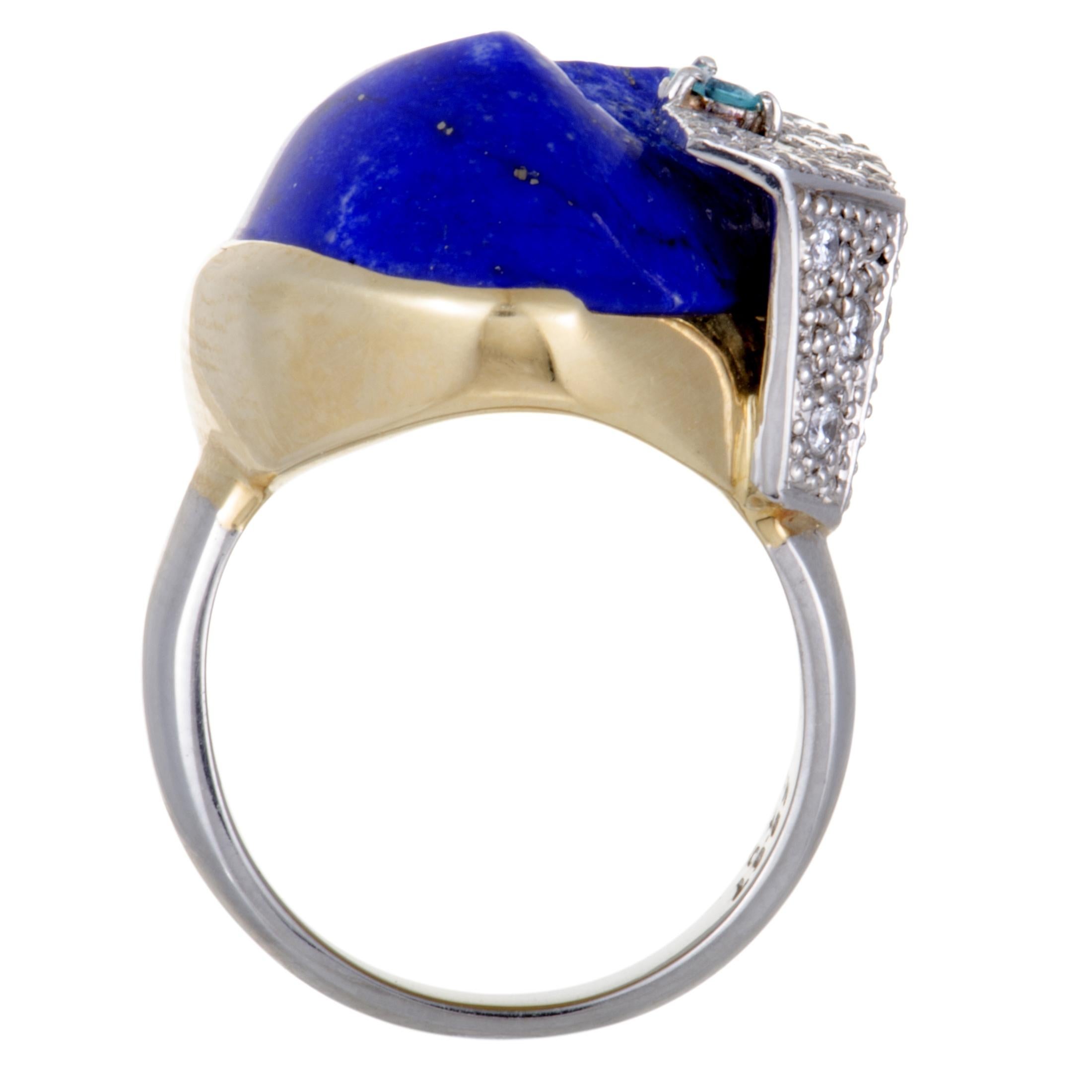 White and Blue Diamond Lapis White and Yellow Gold Ring In Excellent Condition In Southampton, PA