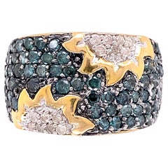 White and Blue Diamond Sunflower Gold Band Ring 