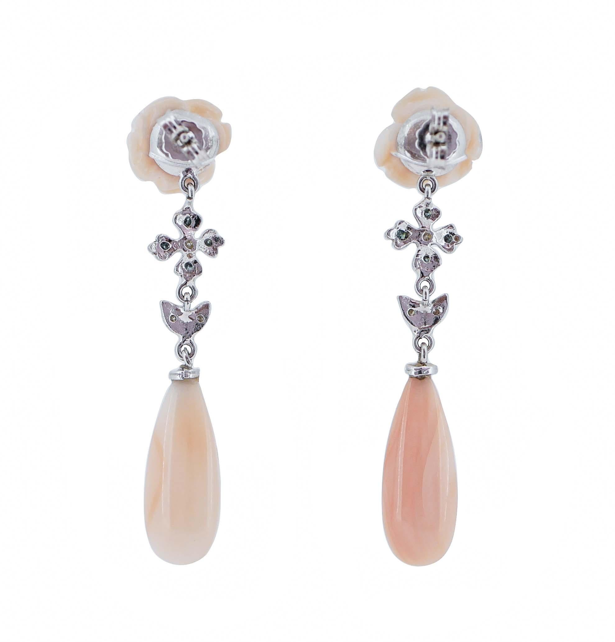 Retro White and Blue Fancy Diamonds, Pink Coral, 14 Karat  White Gold Drop Earrings. For Sale