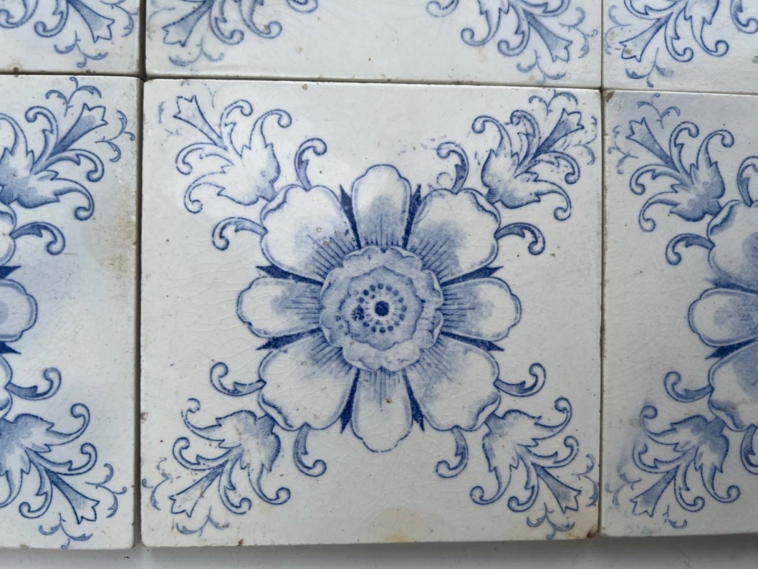 White and Blue Flower Art Deco Glazed Tiles by Le Glaive, 1920 For Sale 4