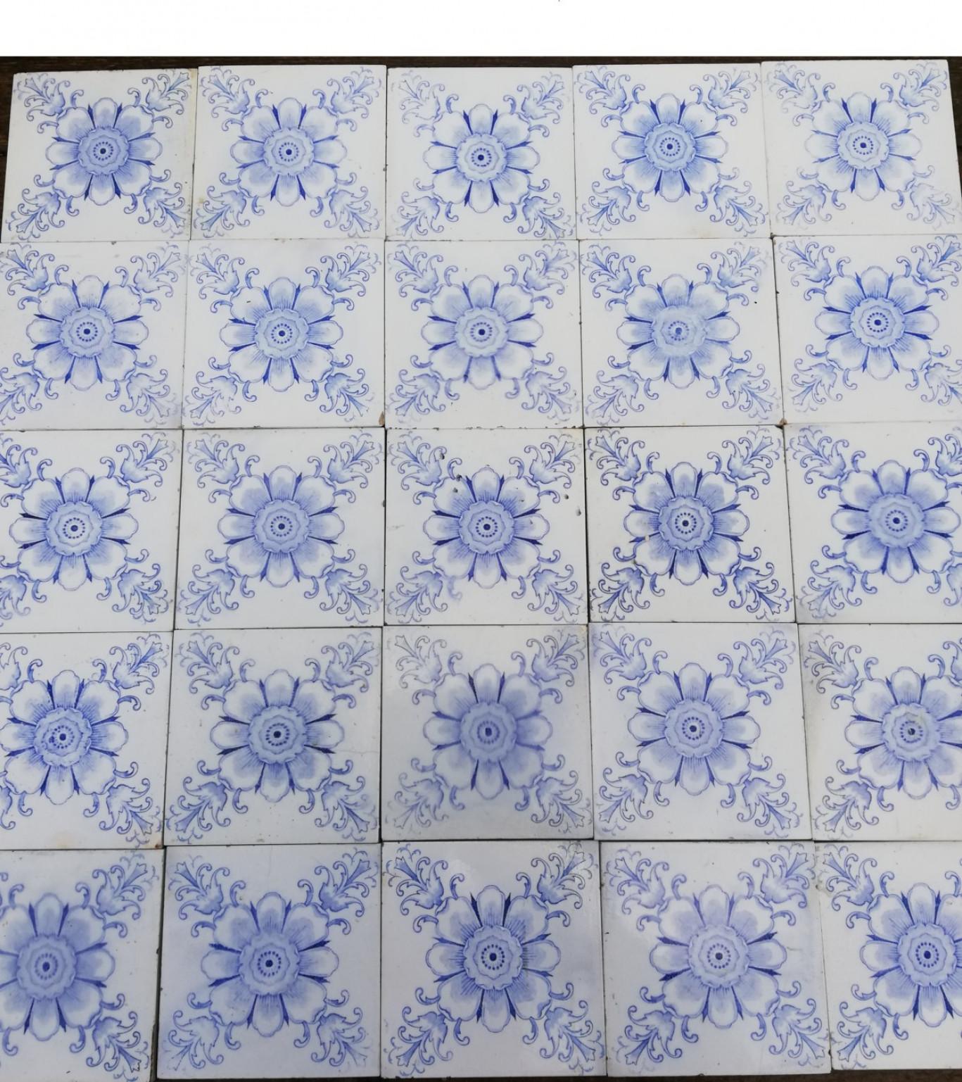White and Blue Flower Art Deco Glazed Tiles by Le Glaive, 1920 For Sale 4
