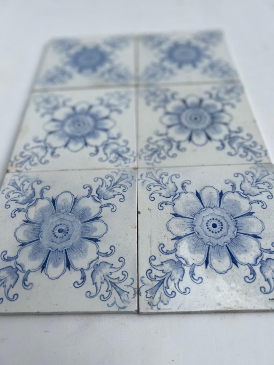 White and Blue Flower Art Deco Glazed Tiles by Le Glaive, 1920 For Sale 6