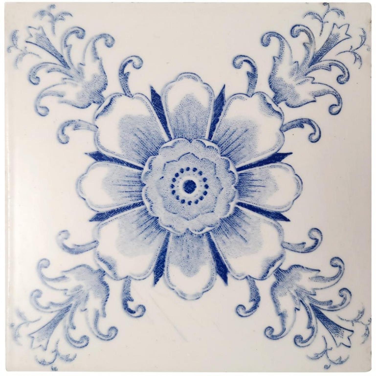 White and Blue Flower Art Deco Glazed Tiles by Le Glaive, 1920 For Sale 7