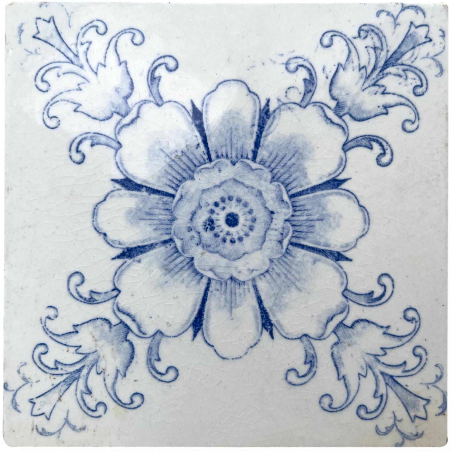 Handmade tiles in white and blue glazed color. With an illustration of a large flower and some leaves. Manufactured around 1920 by Le Glaive, Belgium.
These tiles would be charming displayed on easels, framed or incorporated into a custom tile