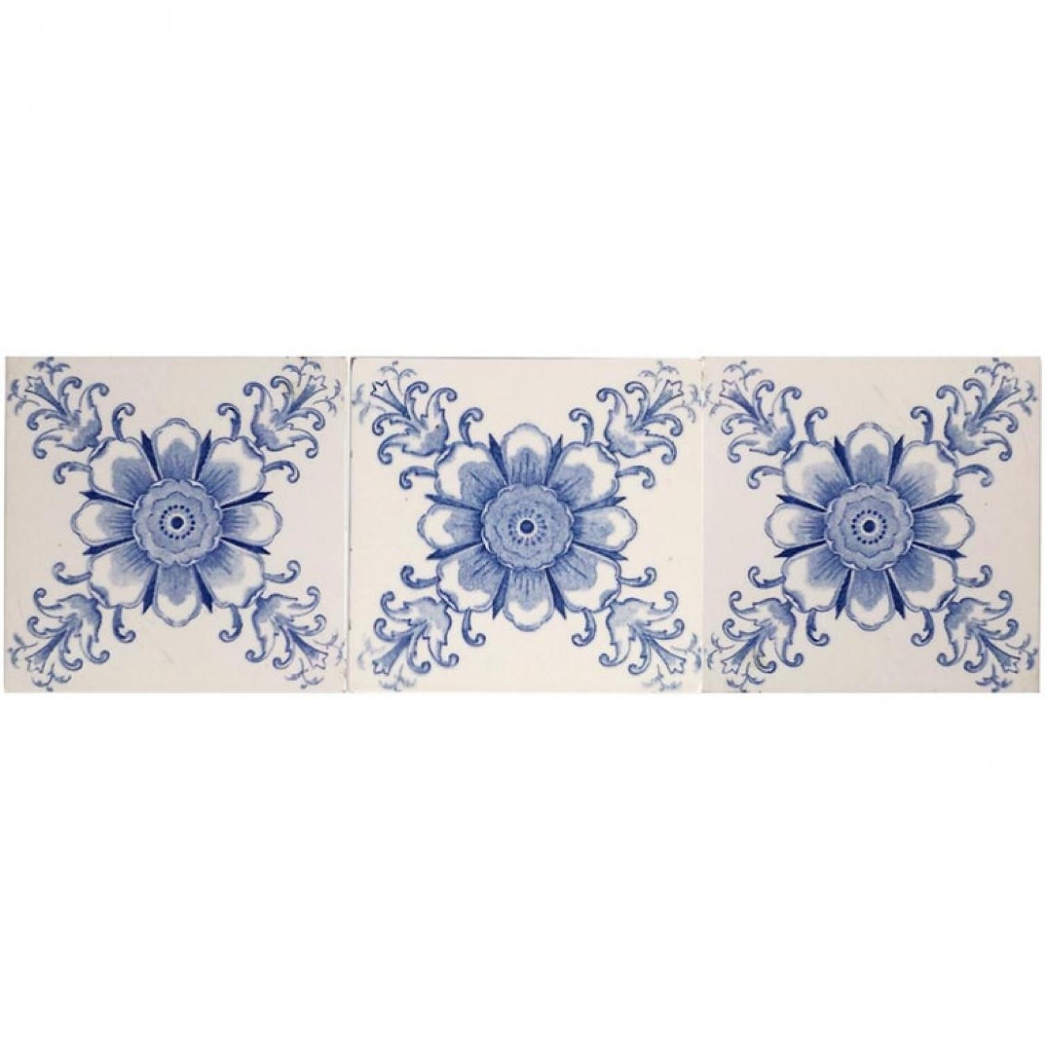 Belgian White and Blue Flower Art Deco Glazed Tiles by Le Glaive, 1920 For Sale