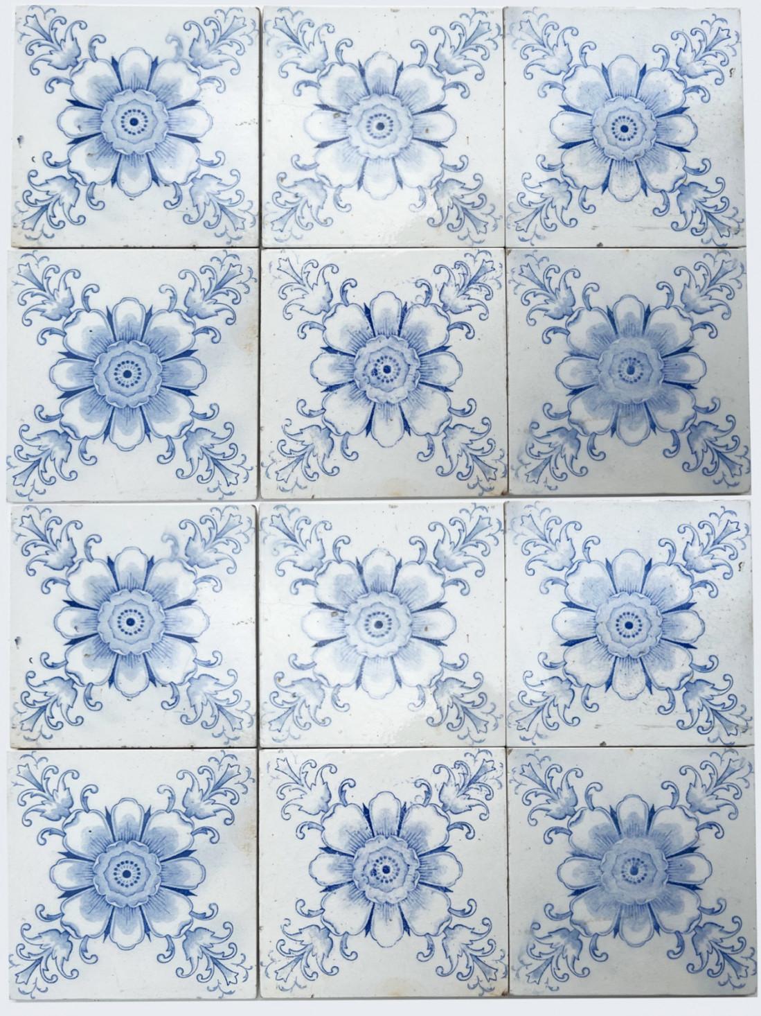 Ceramic White and Blue Flower Art Deco Glazed Tiles by Le Glaive, 1920 For Sale