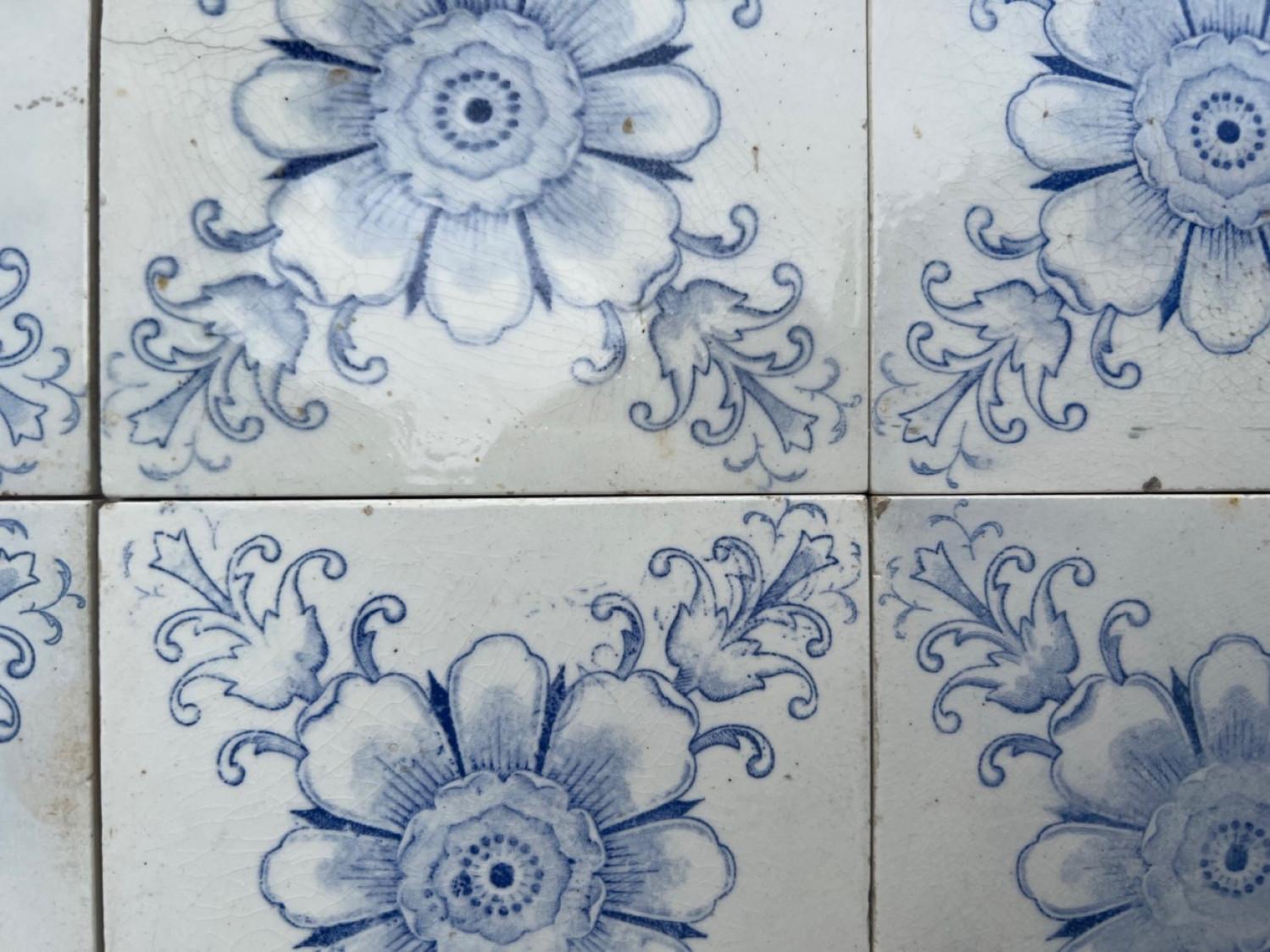 Ceramic White and Blue Flower Art Deco Glazed Tiles by Le Glaive, 1920 For Sale