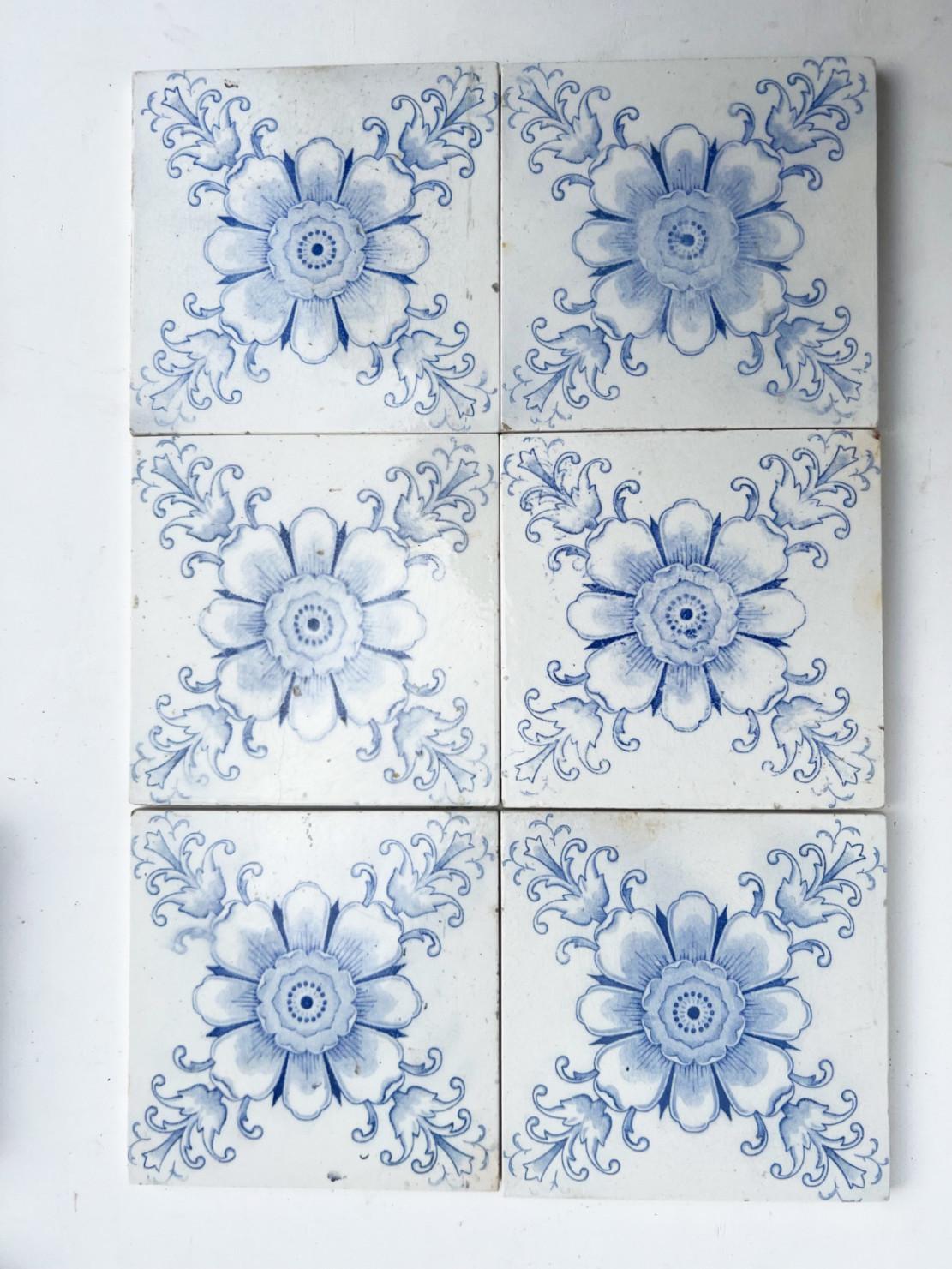 White and Blue Flower Art Deco Glazed Tiles by Le Glaive, 1920 For Sale 3