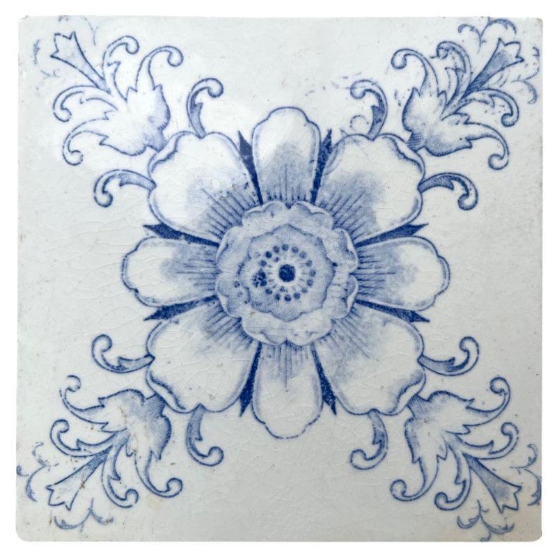 White and Blue Flower Art Deco Glazed Tiles by Le Glaive, 1920 For Sale