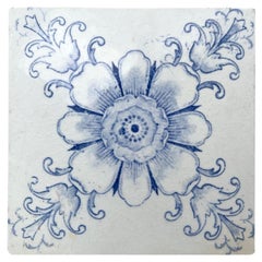 Antique White and Blue Flower Art Deco Glazed Tiles by Le Glaive, 1920