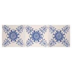 White and Blue Flower Art Deco Glazed Tiles by Le Glaive, 1920