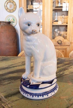 White and Blue Glazed Ceramic Cat Sculpture