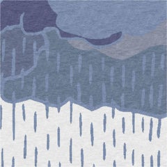 Tapis en laine noué à la main, blanc et bleu — Rain, tapis design minimaliste fabriqué en N