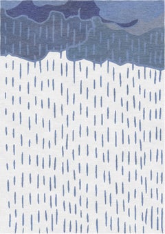Tapis en laine noué à la main, blanc et bleu — Rain, tapis design minimaliste fabriqué en N