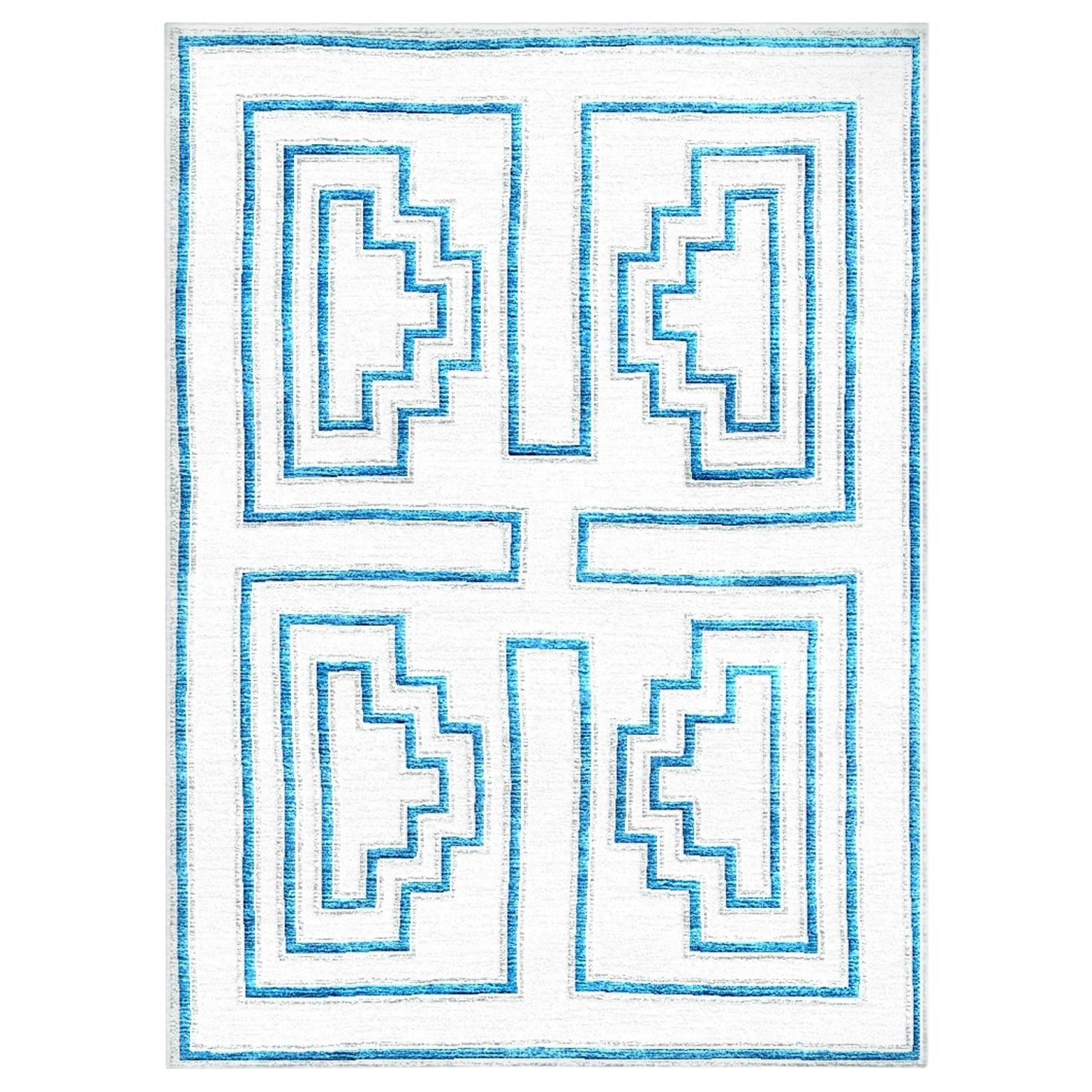 White and Blue Handwoven Wool and Silk Rug from Labyrinth Collection by Gordian For Sale