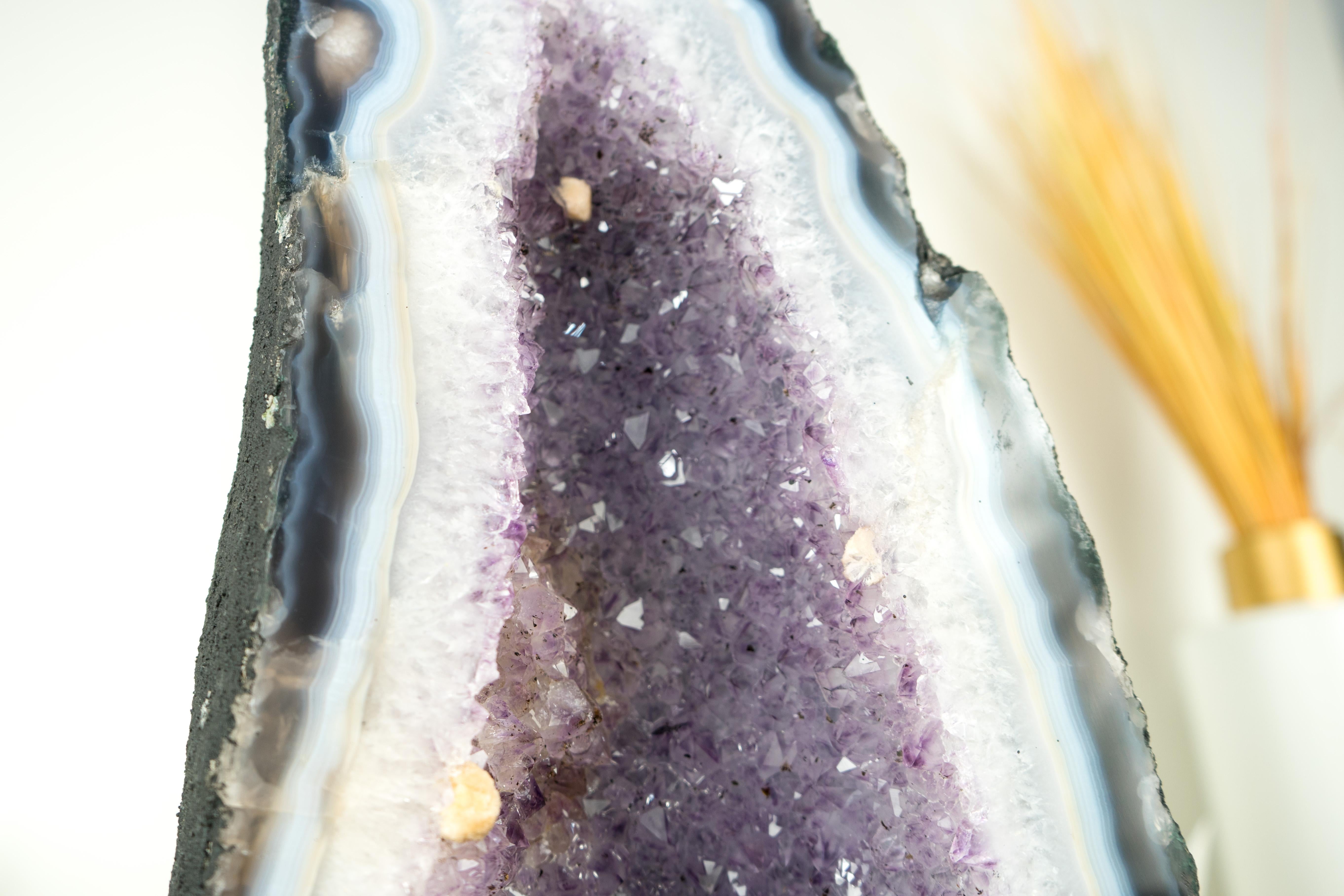 White and Blue Lace Agate Cathedral Geode with Lavender Amethyst Crystal For Sale 5