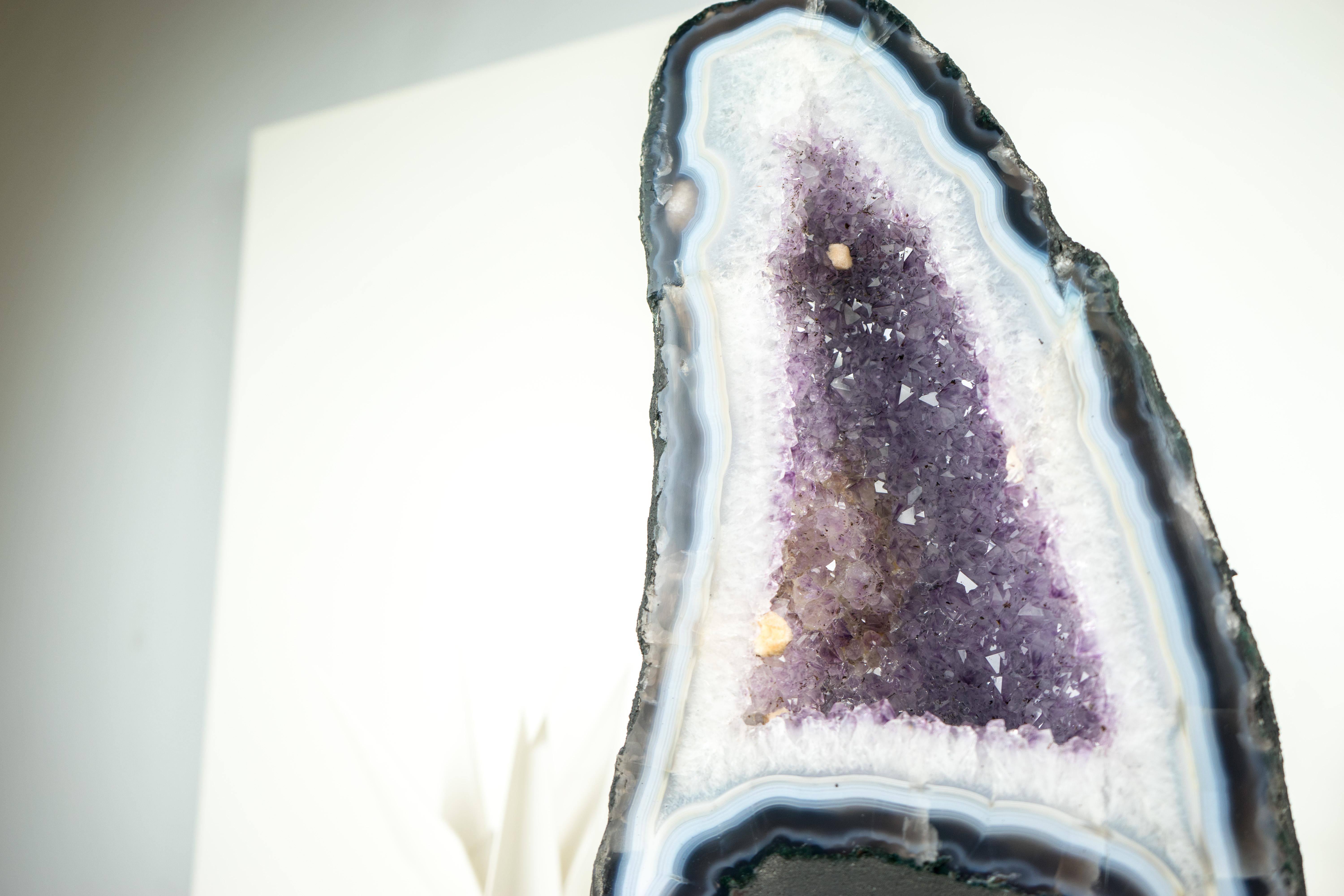 White and Blue Lace Agate Cathedral Geode with Lavender Amethyst Crystal For Sale 6