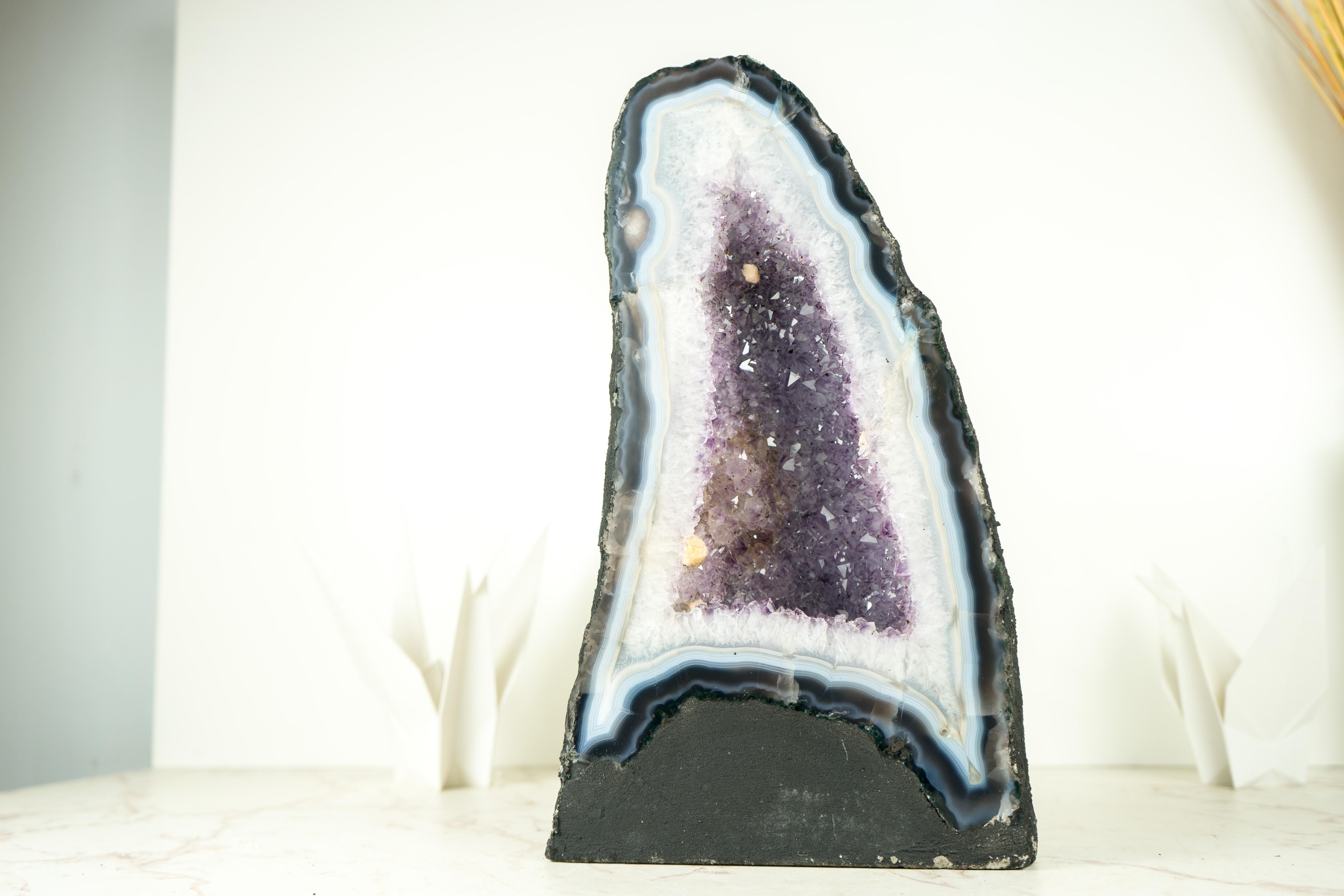 White and Blue Lace Agate Cathedral Geode with Lavender Amethyst Crystal For Sale 7