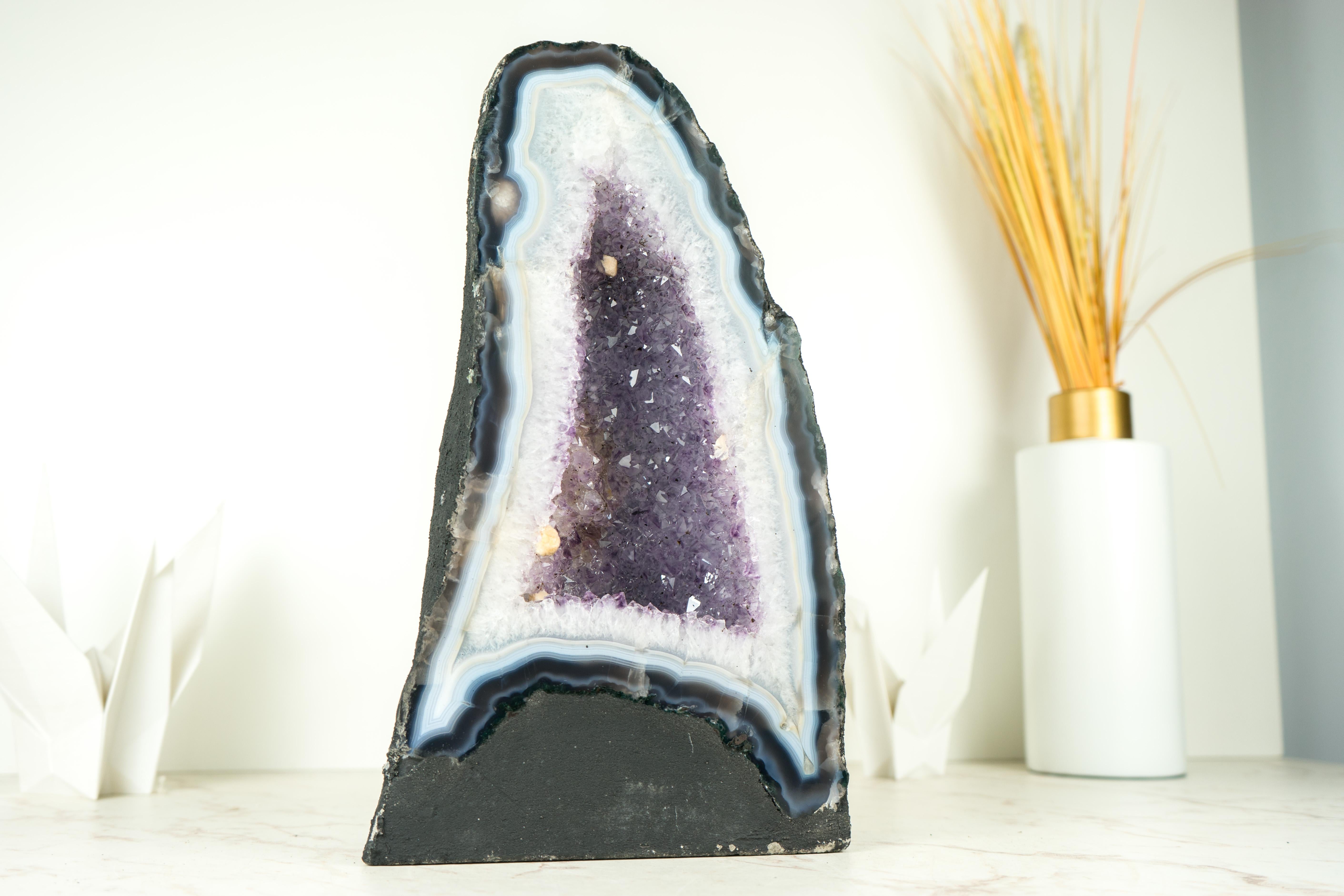 White and Blue Lace Agate Cathedral Geode with Lavender Amethyst Crystal For Sale 8