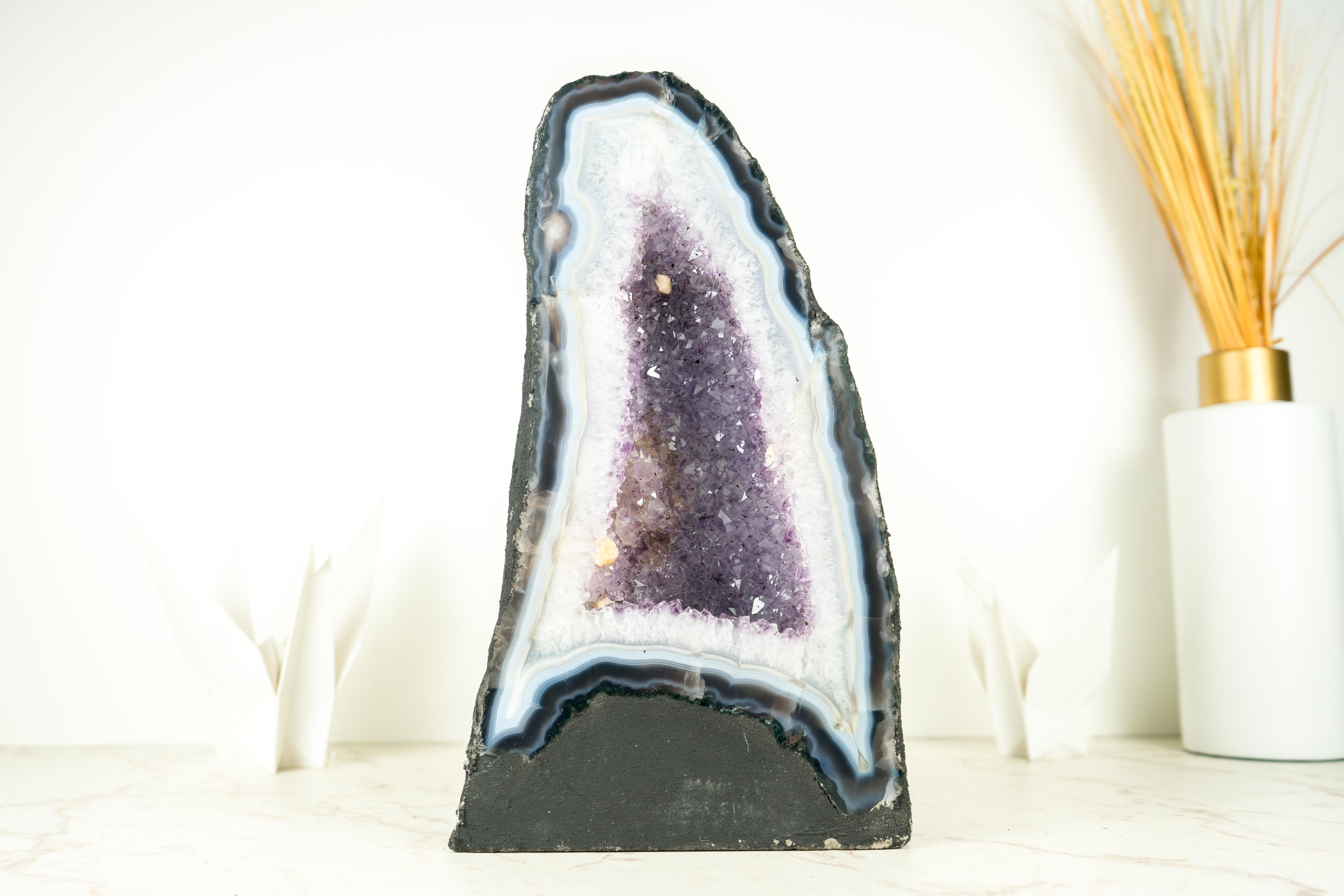 White and Blue Lace Agate Cathedral Geode with Lavender Amethyst Crystal For Sale 9