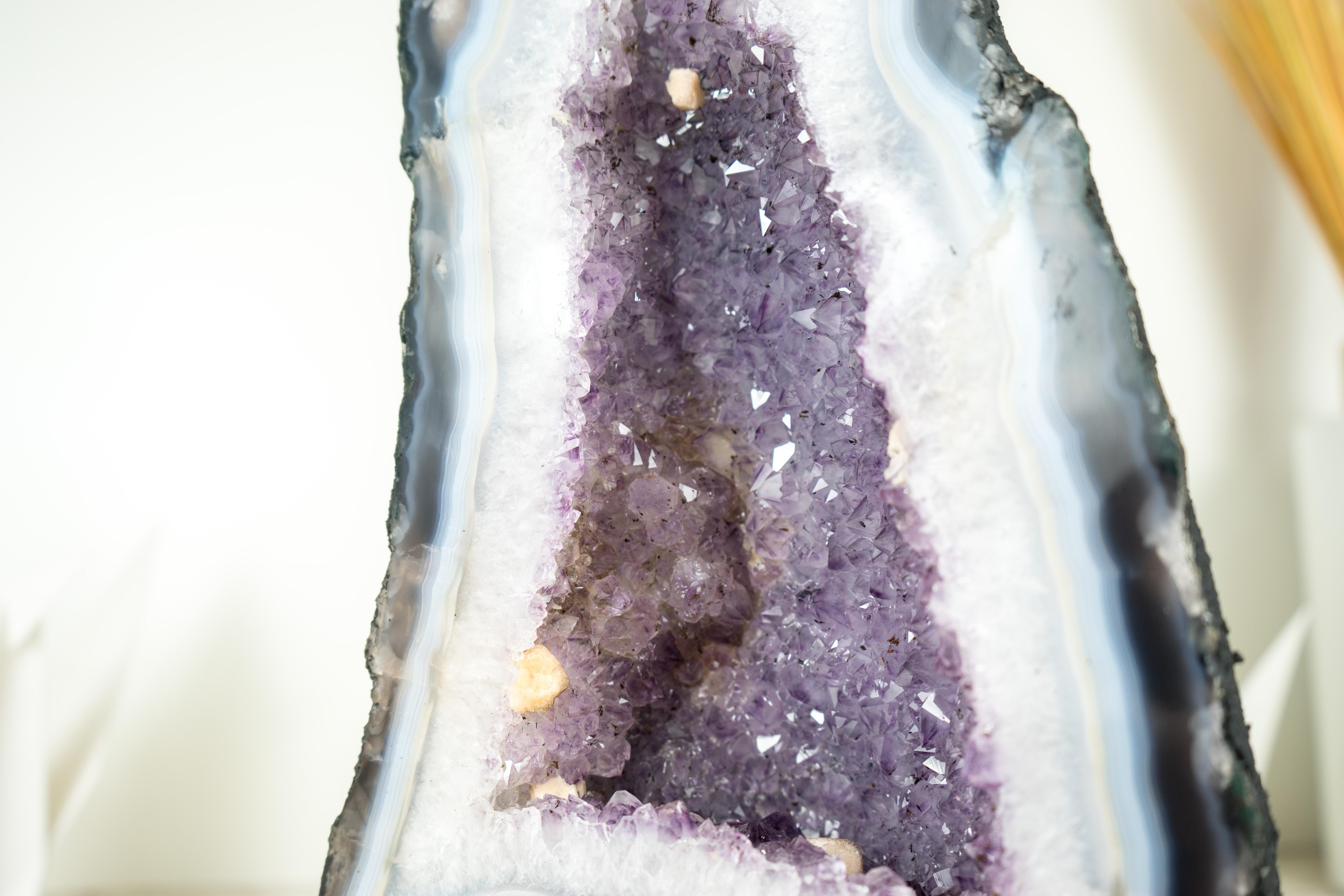 Brazilian White and Blue Lace Agate Cathedral Geode with Lavender Amethyst Crystal For Sale