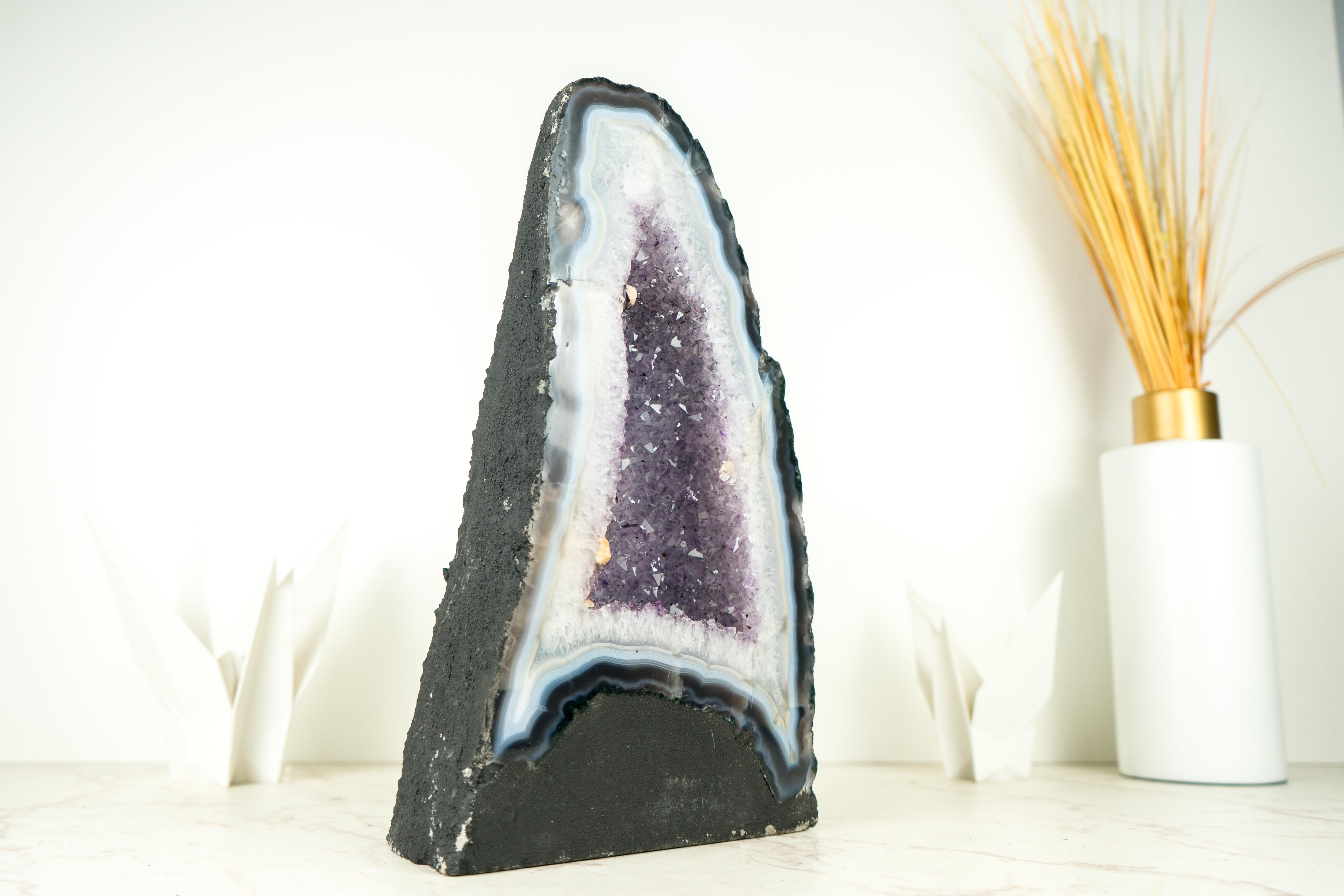 Contemporary White and Blue Lace Agate Cathedral Geode with Lavender Amethyst Crystal For Sale