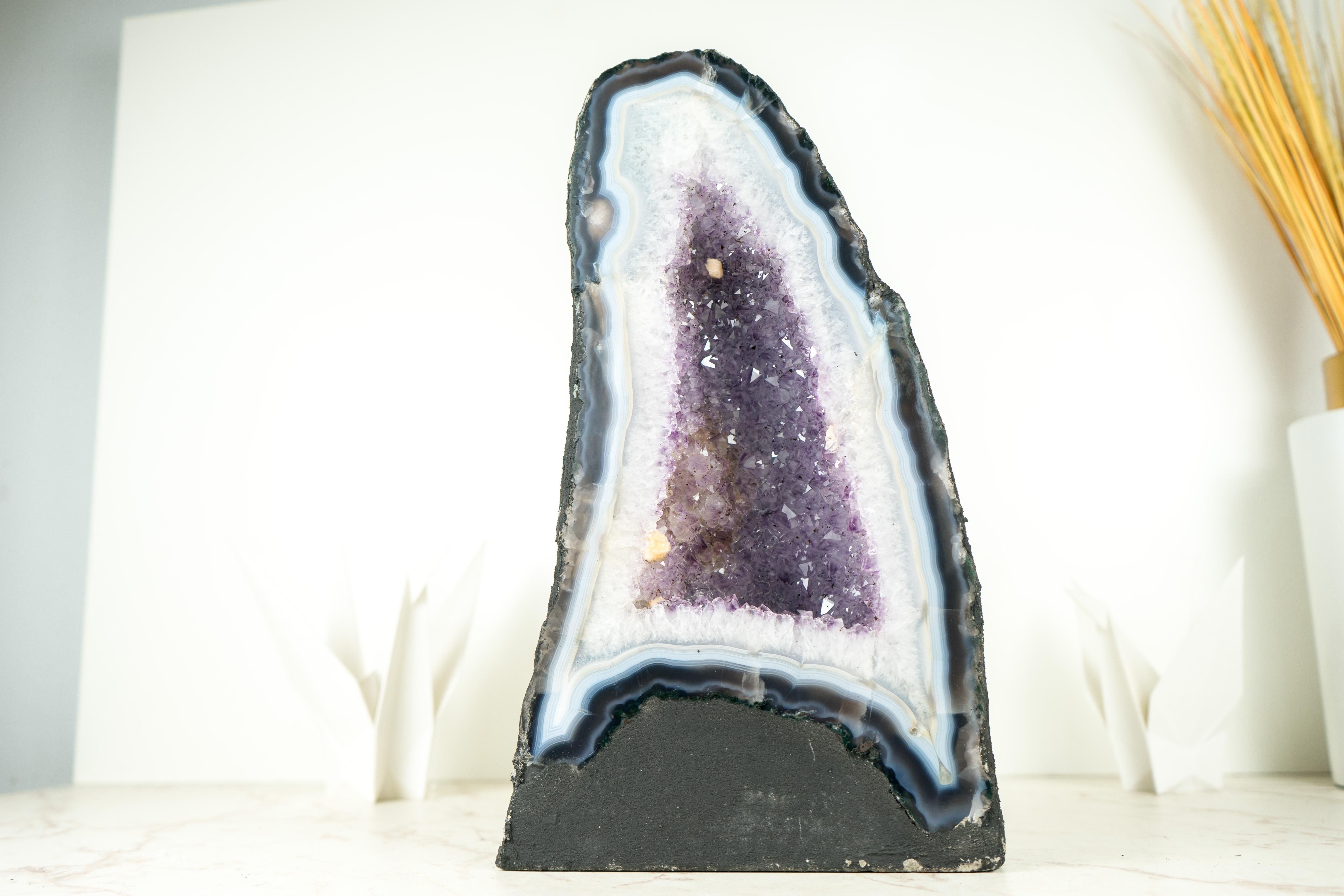 White and Blue Lace Agate Cathedral Geode with Lavender Amethyst Crystal For Sale 1