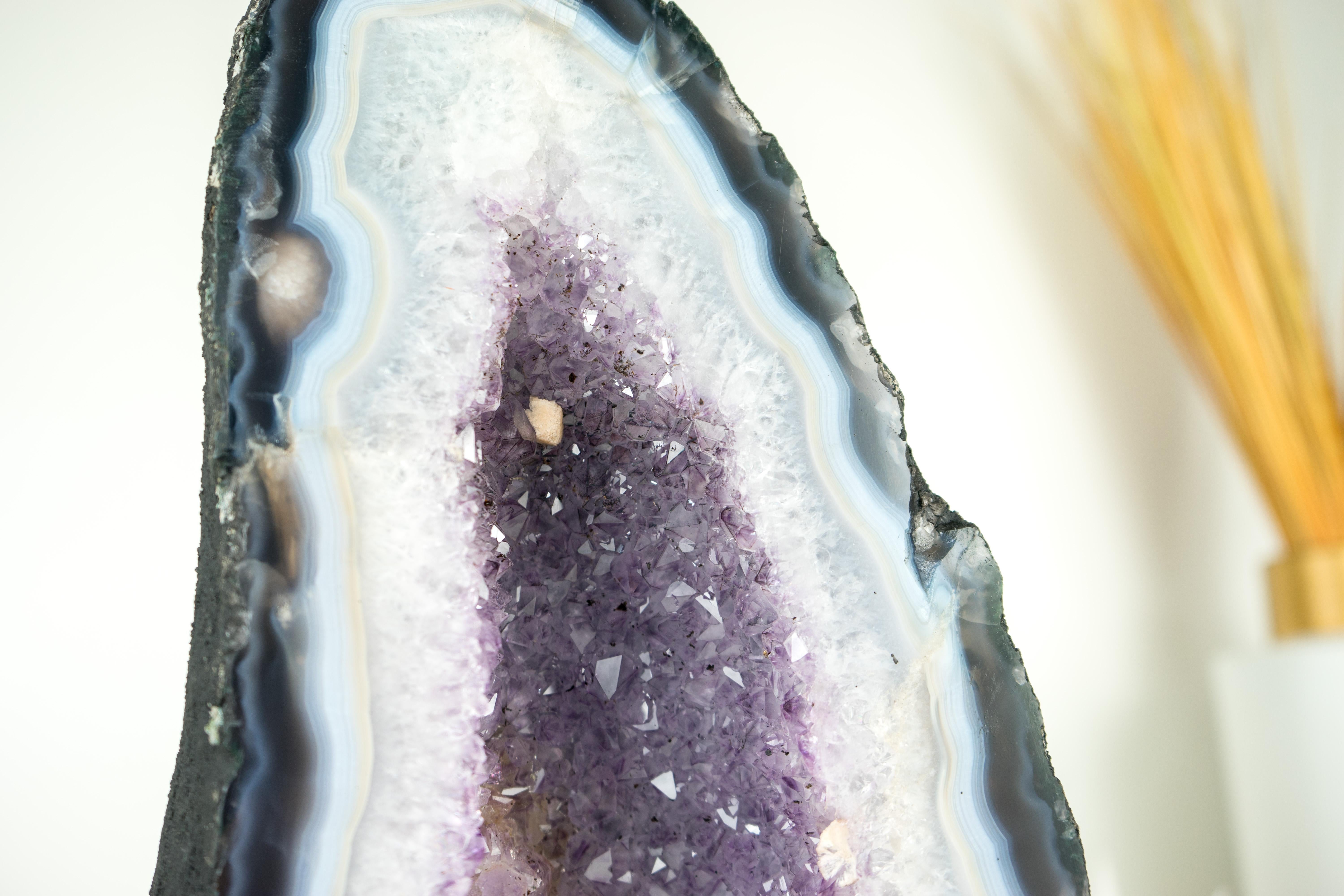 White and Blue Lace Agate Cathedral Geode with Lavender Amethyst Crystal For Sale 2